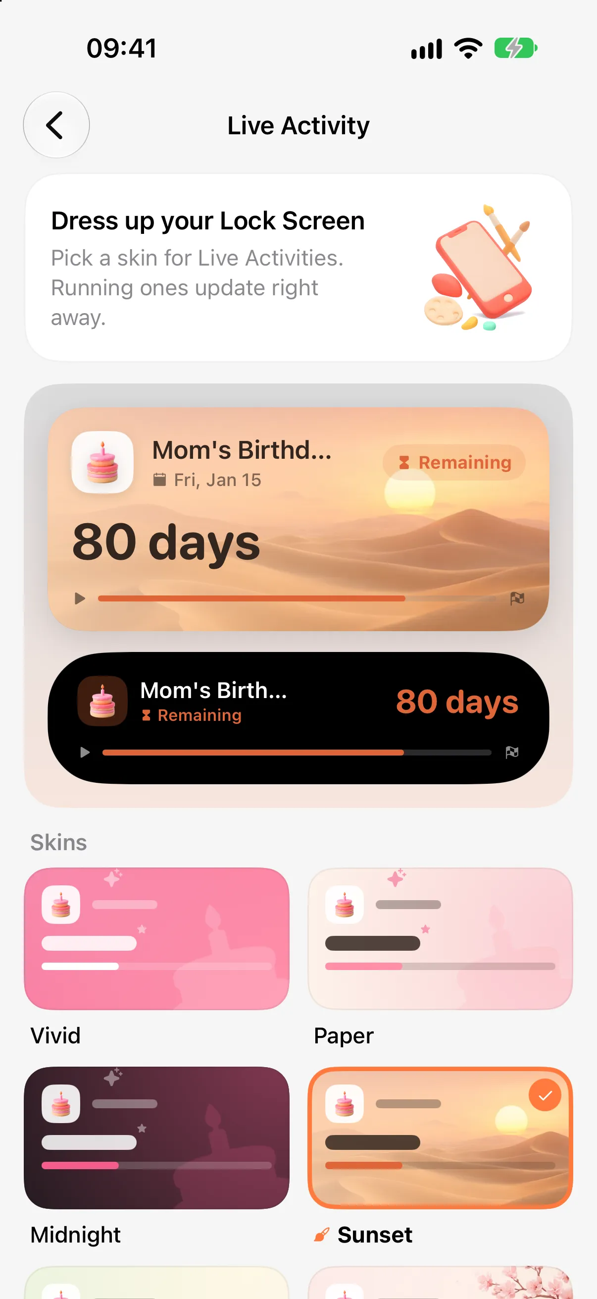 Live Activity skins previewed on the Lock Screen and Dynamic Island